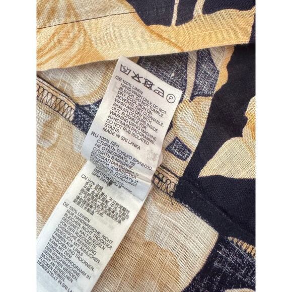 REISS Floral Tie Waist Blouse Navy Gold Large Print Size 2 EUC Linen Blend - Picture 7 of 11